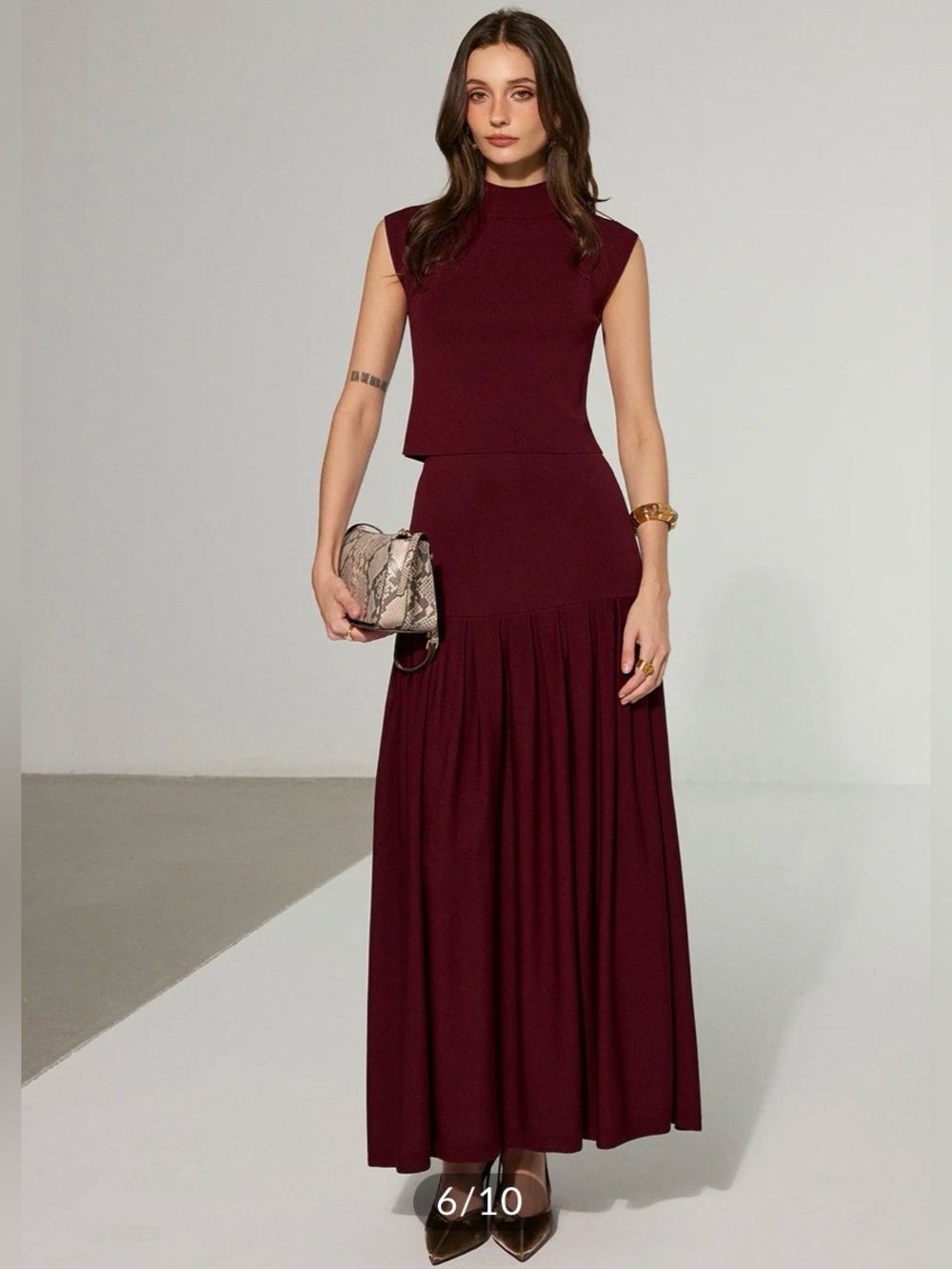 Commense Mock Neck Sleeveless Top and Pleated Midi Skirt Set